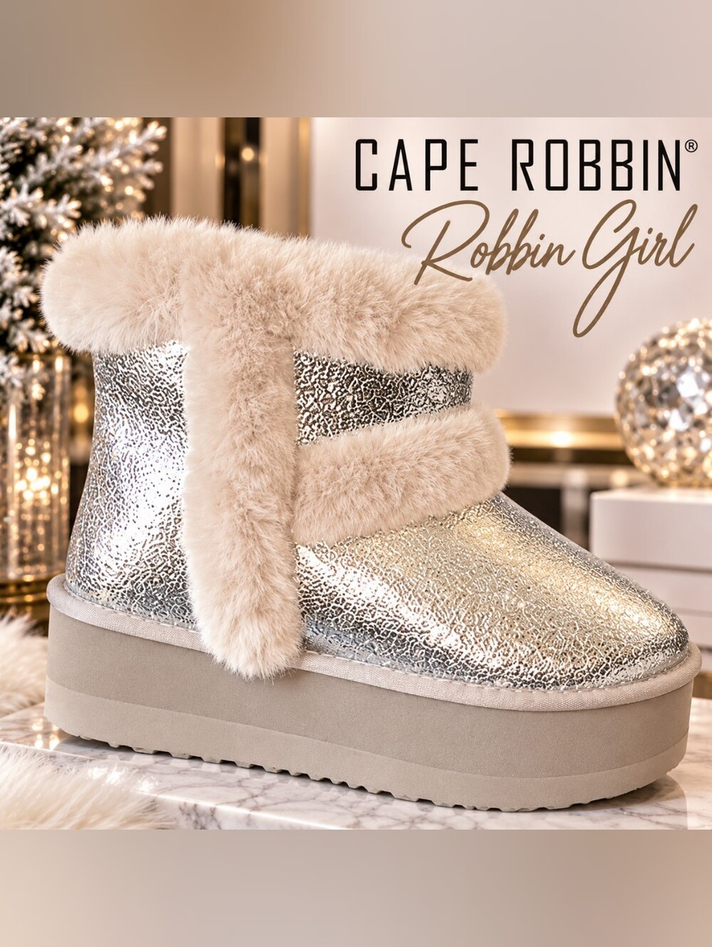 CAPE ROBBIN Robbin Girl Silver Metallic Faux Fur Platform Booties Sz 7 NIB
